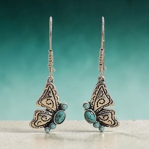 Hand Crafted Butterfly Dangle Earrings 2" Long with Turquoise Accents